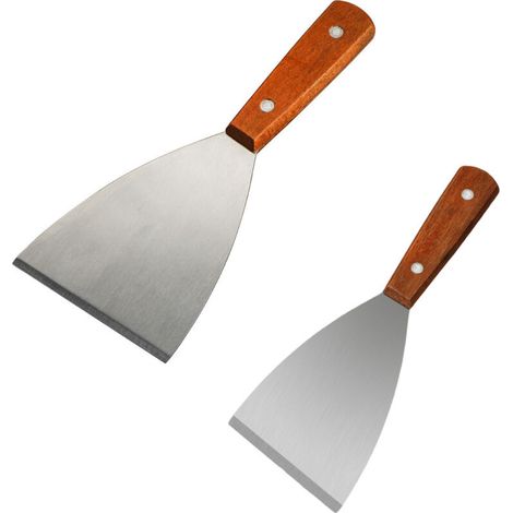 Spatule en acier inoxydable avec manche en bois pour le nettoyage des poêles à griller, compatible avec les plaques de cuisson Teppanyaki et autres appareils de cuisson. (1/4)