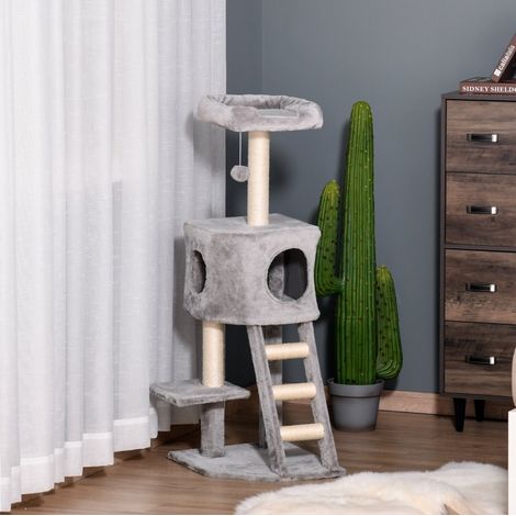 Arbre à chat en peluche et sisal gris clair, multi-niveaux pour griffer, se reposer et grimper, 50 x 40 x 120 cm (1/5)