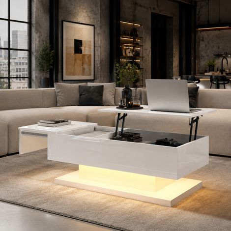 Mesa de centro elevable 100 x 50 x 45 cm con LED, tablero deslizante y almacenaje blanco DESVIAE