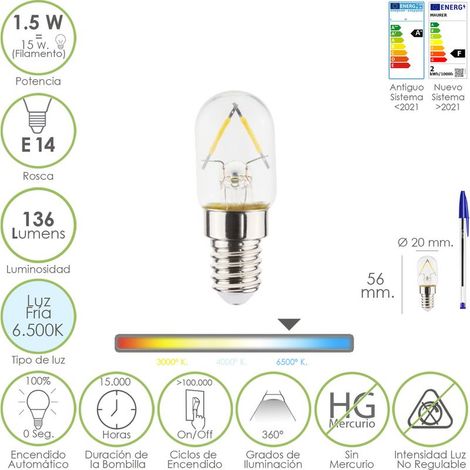Bombilla Led Frigorifico Rosca E14. 1.5 Watt. Equivale A 15 Watt. 136 Lumenes. Luz Fria (6500º K.)
