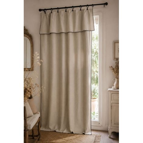 Rideau à pinces ajustable LÉONTINE – Bourdon noir – Esprit bohème chic - 140x280cm - Naturel (1/2)