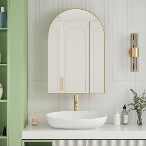 Armoire de toilette miroir arche, 91 x 61 cm, étagères réglables, métal doré DESVIAE (1/5)