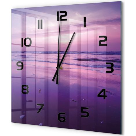 Grande Horloge Murale Carrée Chambre Silencieuse en Verre Sans Tic-Tac Design Moderne Mer au coucher du soleil 60x60 cm (1/5)