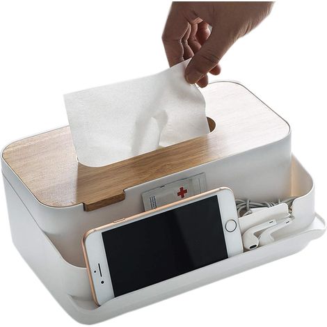 Boîte de rangement de mouchoirs rectangulaire multifonctionnelle avec couvercle en bois (blanc)