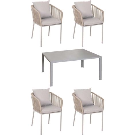 [NEUWERTIG] Gartengarnitur HHG-616, Tisch+4xStuhl, wetterfest Alu 140x80cm, Seilgeflecht Rope grau Kissen grau