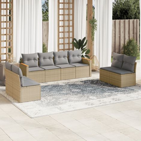 Canapé d'extérieur 8 places en résine tressée beige avec coussins gris et rangement intégré (1/3)