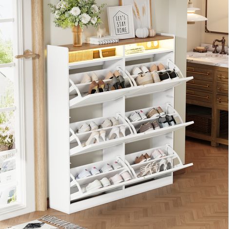 Scarpiera in MDF bianco e naturale con 6 ante a ribalta, LED regolabile e 2 vani aperti 120x24x130 cm (1/5)