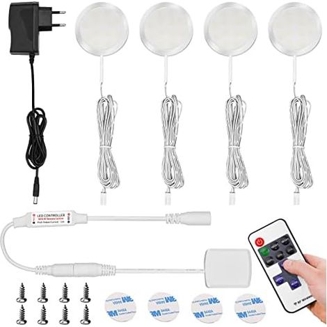 Lampes pour armoires LED (4 lumières, blanc chaud) Lumières réglables, 12 V, 2,5 W, pour vitrines et meubles d'intérieur - 11 modes d'éclairage [Classe énergétique A] (1/5)