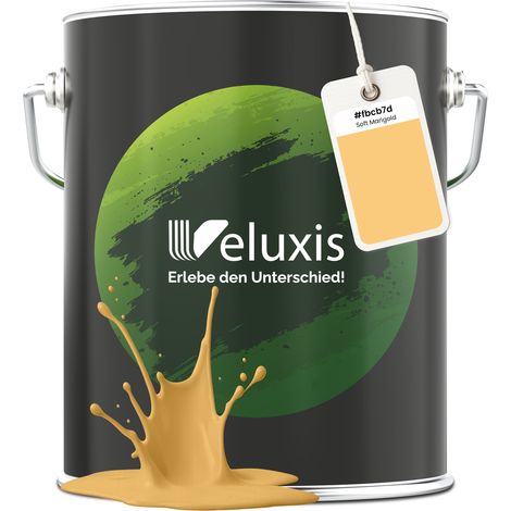 Pittura murale giallo arancio opaca per interni – Classe di copertura 1, senza COV, senza primer, a goccia – Soggiorno e camera da letto – 5 L – Veluxis (Soft Marigold