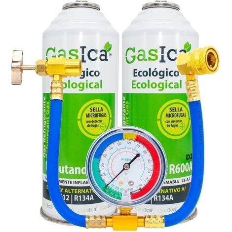 PACK 2 bouteilles Gasica D2 Gaz réfrigérant de substitution R12 et R134A et tuyau avec manomètre pour recharger la climatisation