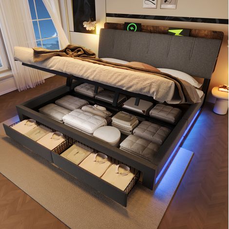 Bett Doppelbett Stauraum 180x200 Leinen Grau OKMYHOME (1/5)