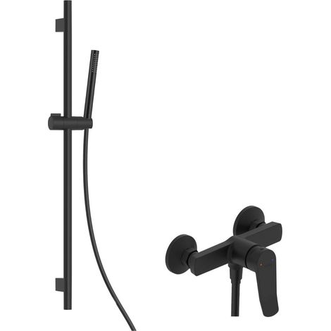 kielle Nefia - Set de douche avec mitigeur, colonne, flexible et pommeau de douche EcoSpare, noir mat 20627SN24
