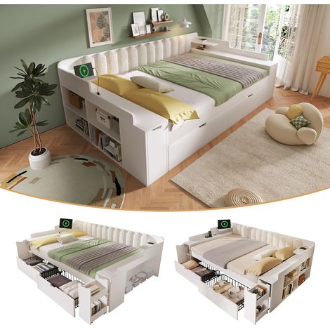 Lit banquette 140x200 cm avec rangements et station USB, dossier sherpa blanc et sommier métal, pour chambre ou studio (1/5)