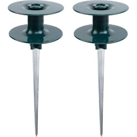 Lot de 2 piquets de guidage pour tuyau d'arrosage 25 cm, métal zingué robuste et antirouille, tête rotative vert foncé résistante. Empêche le tuyau de pénétrer dans les parterres de fleurs et protège (1/5)