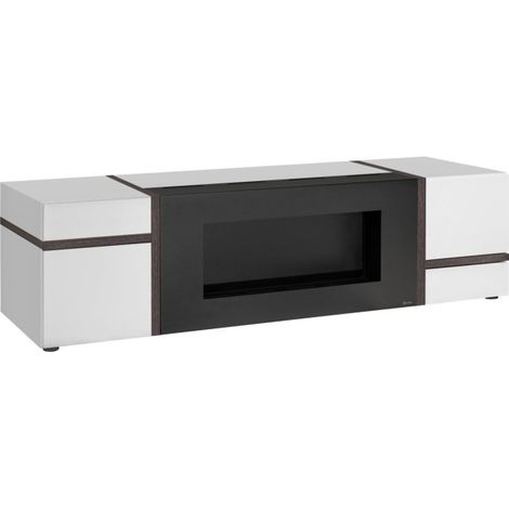 Meuble TV Cross avec cheminée bioéthanol - Bois MDF blanc brillant et orme Perla - 150 x 50 x 50 cm - Livraison gratuite