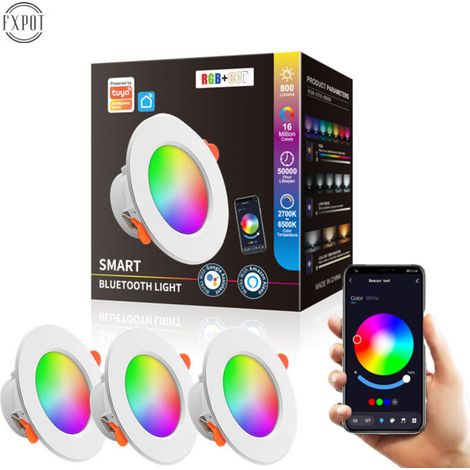 Lot de 3 spots encastrés intelligents Bluetooth Tuya RGBCW, couleurs variées, intensité variable, compatibles avec Alexa et commande vocale/application. (1/5)
