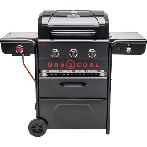 Char-Broil – Barbecue à gaz hybride 3 brûleurs – Cuisson au gaz et charbon – Allumage facile – Brûleur Sear Zone 900°C – Grilles en fonte et plancha - Gas2Coal