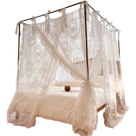 Baldaquins, rideaux de lit à baldaquin, moustiquaire romantique en dentelle pour lits de 1,5 m de large, blanche (cadre non inclus) (1/5)
