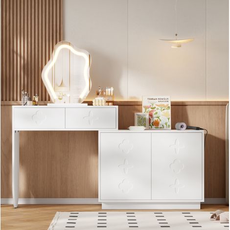 Schminktisch aus MDF und Spanplatte in Weiß mit LED-Spiegel, 2 Schubladen und Seitenschrank (1/5)
