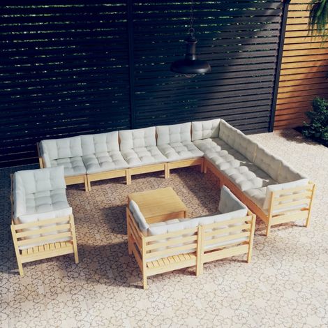 13-tlg. Garten-Lounge-Set mit Creme Kissen Massivholz Kiefer (1/5)