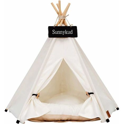 Tente tipi pour animaux de compagnie 50x50x60cm – Coussin lavable en coton – Structure en pin de Nouvelle-Zélande – Idéale pour intérieur et extérieur
