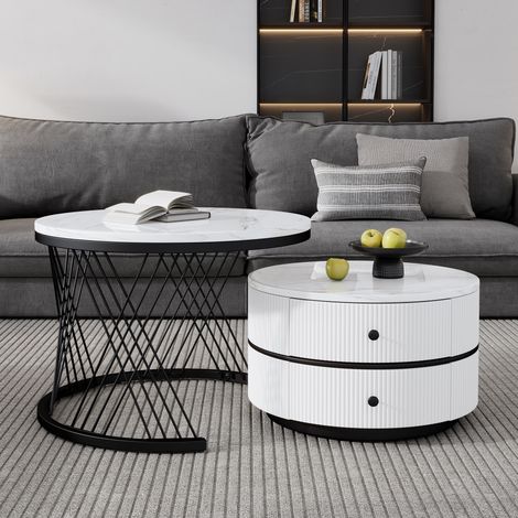 Set di 2 Tavolini da caffè nidificanti 60 cm, rotondi, con 2 cassetti, piano effetto marmo, telaio a forma di X in metallo, tavolo da salotto in legno - Nero (1/5)