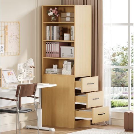Mueble alto y estrecho 180 cm, 4 nichos abiertos, 3 cajones laterales, roble claro HAVRYA (1/5)