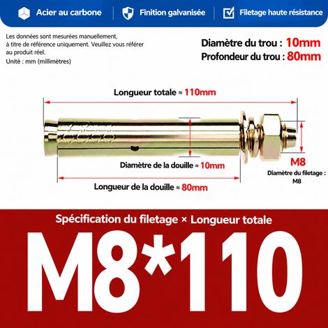 Goujon d'ancrage cheville métallique à expansion M8x110 mm perçage 10 mm lot de 20 pièces m8x110 20 pièces 10mm 1 kg – Livraison gratuite