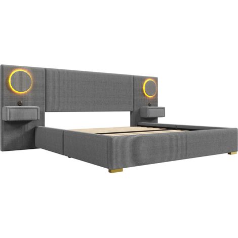 Polsterbett 180x200 cm aus Samt mit LED-Kopfteil, USB und Nachttisch-Schubladen, Grau (1/5)