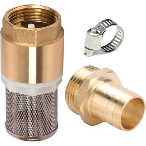 Clapet anti-retour en laiton 1", filtre d'aspiration 1", valve à pied en laiton avec clapet anti-retour, panier d'aspiration, raccord de tuyau et collier de serrage (filetage de vis 1" + raccord 19mm) (1/5)
