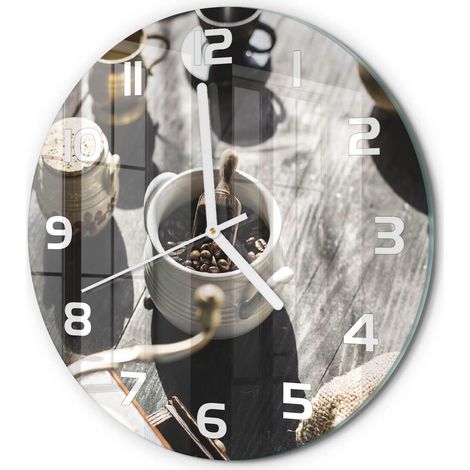 Horloge Murale Ronde Décoration Murale Verre Trempé Design Artistique Moulin à café fi 30 cm (1/5)