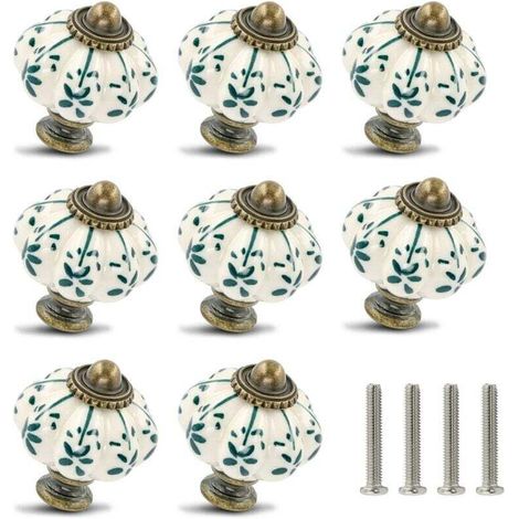 Set mit 12 elfenbeinfarbenen und grünen Keramikknöpfen – Kürbis-Schrankknöpfe, Retro-Kommodenknöpfe – Vintage-Schubladengriffe mit Schrauben
