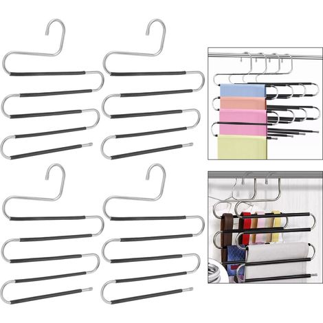 Lot de 4 cintres noirs multicouches pour vêtements et pantalons, cintre pratique en acier inoxydable en forme de S, support de rangement magique pour pantalons avec pince à pantalon. (1/5)