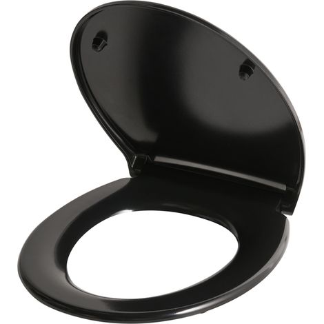 Asiento para inodoro acabado brillante 45 x 37 cm distancia entre orificios 16 mm cierre suave desenganche rápido duroplast negro Papuri (1/5)