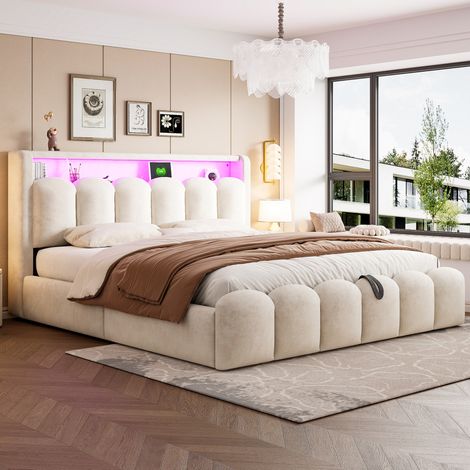 Doppelbett 180x200 cm aus beigem Samt mit Stauraum, LED, USB und Type-C, OKWISH (1/5)