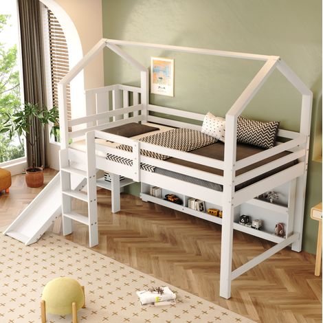 Lit enfant 90x200 cm blanc en bois massif et MDF avec toboggan, rangements et étagères, sommier à lattes (1/5)
