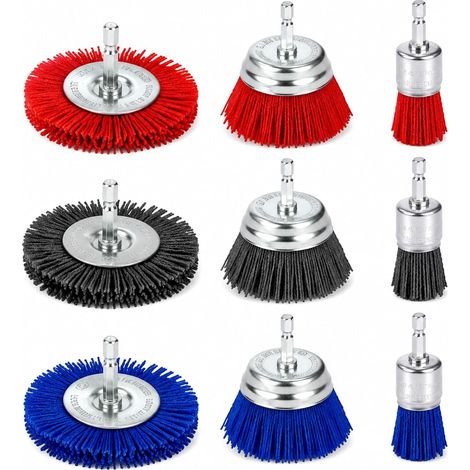9 Pcs 1/4" Nylon Drill Brush 80/100/240 Grit