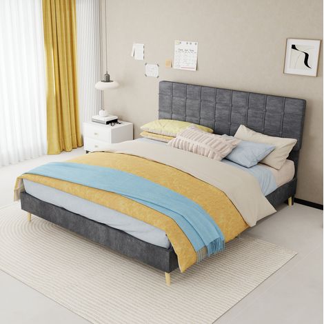 Cama 160x200 de tela gris oscuro con cabecero tapizado a cuadros y patas de madera DESVIAE (1/5)