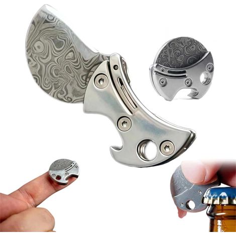 Ouvre-bouteilles - Mini couteau de poche avec ouvre-bouteille - Couteau porte-clés - Acier inoxydable aspect damas - Outil de survie - Couteau à monnaie - Ouvre-paquets - Porte-clés ouvre-bière - Comp (1/5)