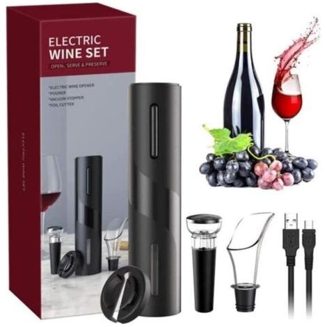 (Noir)Tire Bouchon Électrique, USB Ouvre Bouteille Automatique de Vin 4 en 1 avec Coupe-Capsule Verseur de Vin et Bouchon de Vin,noir (1/4)