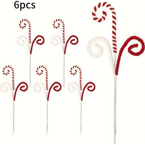 6 branches de canne à sucre festives - Décorations en laine bouclée rouge, blanche et verte pour sapin de Noël & remplissage de vase Idéal pour fête (1/5)