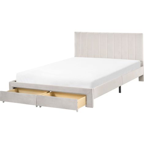 Letto matrimoniale moderno UE 140 x 200 cm con cassetti Testiera Velluto Rivestimento Base a doghe Bianco Sporco Lonzac