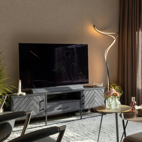 Meuble TV noir en bois 2 portes motif chevron 165 cm ALVERA (1/4)