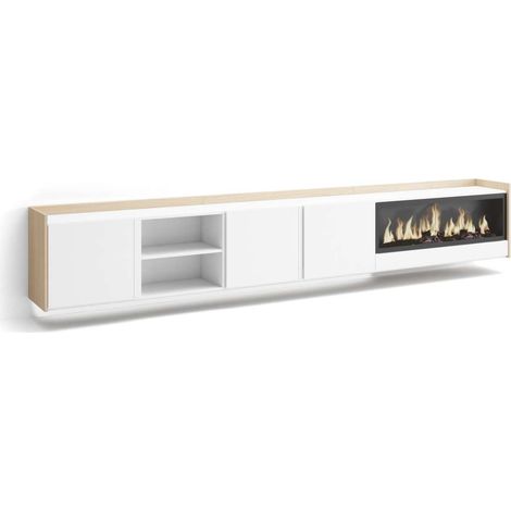 Mueble TV Benamocarra-02 de 315x50x35 cm con chimenea y luces LED, suspendido, color blanco y roble soft (1/4)