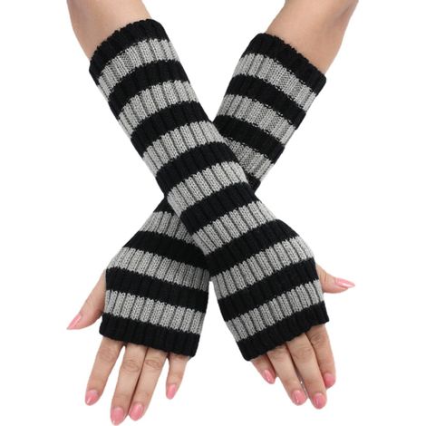Y2k Manchettes longues sans doigts tricotées à rayures Punk Gothique Alt Emo Manchons d'hiver Cool Accessoires Grunge