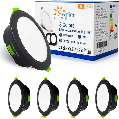 Spot LED Encastrable Extra Plat 5W 480LM, Dimmable Spots de Plafond Encastré Blanc Chaud 3000K Blanc Neutre 4500K Blanc Froid 6000K, Noir Spot LED IP44 pour Salle de Bain Cuisine Salon Lot de 5 (1/5)