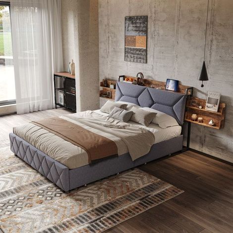 Bett 160x200 cm - 250314WXL - USB - integriertes Design - zeitgenössisch - Samt - Bettgestell für Erwachsene 160x200 cm - Grau