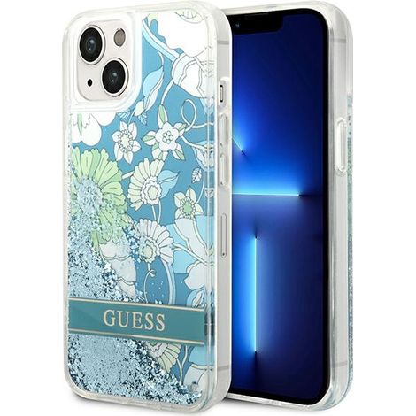 Hülle für iPhone 14 Plus, Guess Flower Liquid Glitter Grün (1/5)