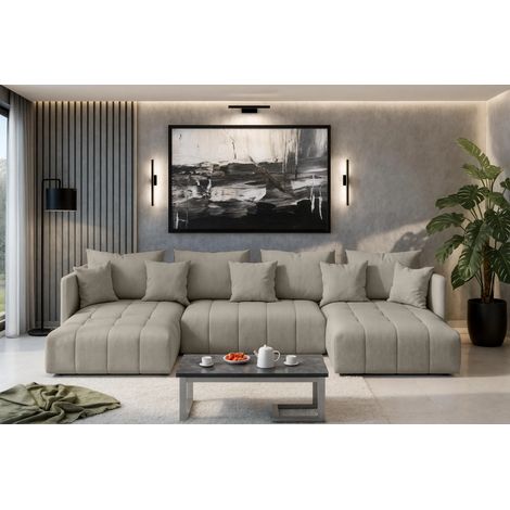 AX LIVING Hellbraun Sofa U Form mit Schlaffunktion Veliro U, 353 cm