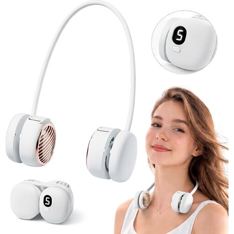 Ventilateur de cou rechargeable, affichage LED à 5 vitesses. Ultra silencieux 40dB. Idéal pour voyage, sport, bureau (blanc) (1/4)